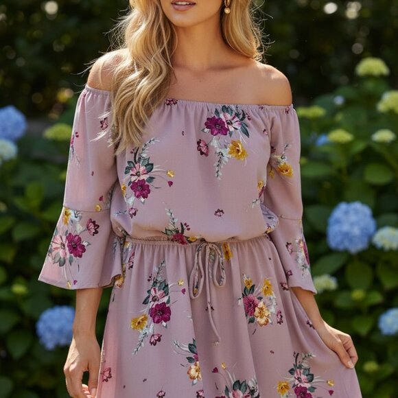 Windsor Dresses & Skirts - Windsor Mauve Floral Off Shoulder Skater Dress M Boho Romantic